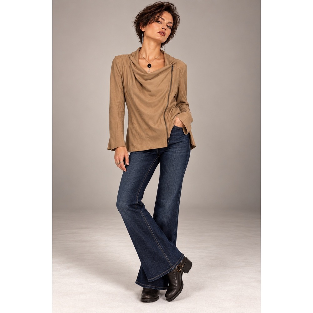MOTE Large Tan Draped Front Asymmetric Zip Jacket Top